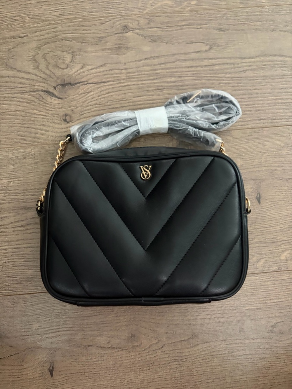 Victoria's Secret Black Quilted Crossbody with Gold Accents NWT